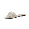 Fashion fairy style pearl bow one-word slippers female summer new casual square head open-toed flat-bottomed slippers female