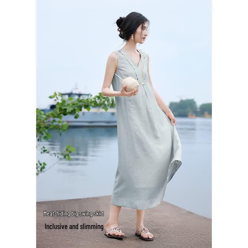 XWI Women s Bohemian Sleeveless V-Neck A-Line Midi Dress M