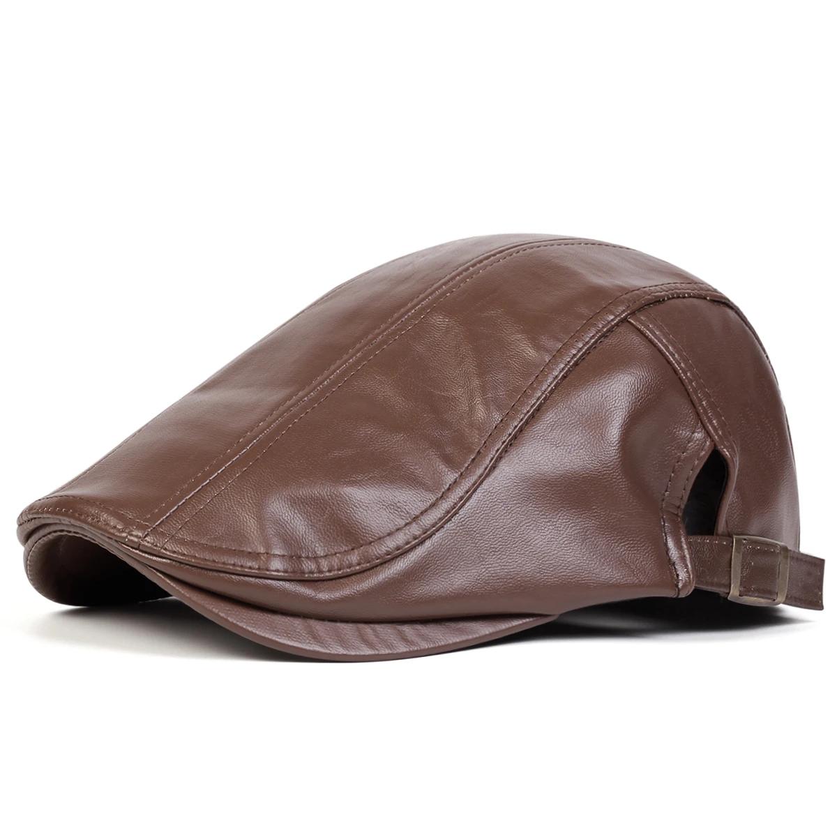 

Men Retro Pu Leather Solid Color Newsboy Caps British Painters Hats Spring Autumn Side Adjustable Flat Cap Hip Hop Berets