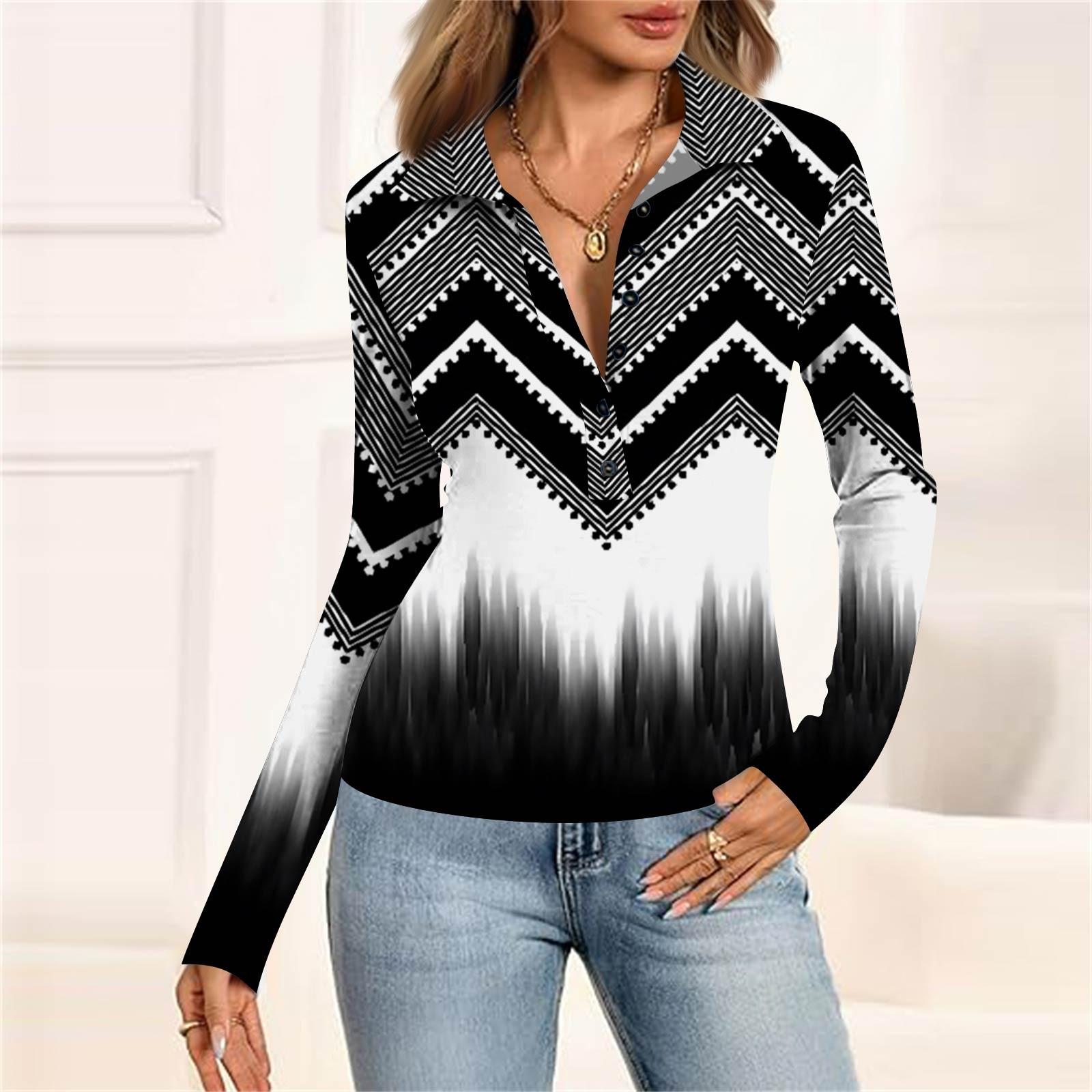 

Women s Fashion Casual Printed V-Neck Long Sleeve Button-Down Top S