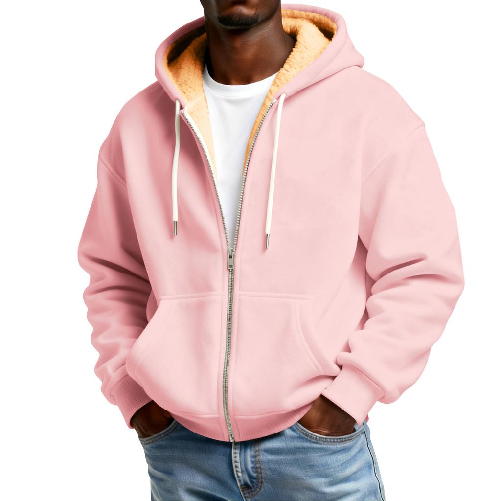 Men's Solid Color Fleece-Lined Zip-Up Pocket Hooded Sweatshirt Cardigan Men's Casual Sweatshirt Cardigan