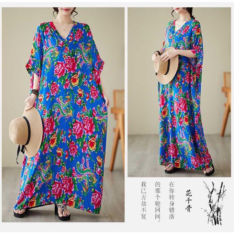 Summer V-neck Cotton Silk Large Size Loose Literary Vacation Style Beach Dresses