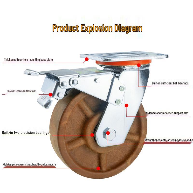 Heavy-Duty High-Temperature Resistant Casters: 4", 5", 6", 8" Wear-Resistant Glass Fiber Nylon Oven Swivel Casters, 300-Degree Brown-Red.