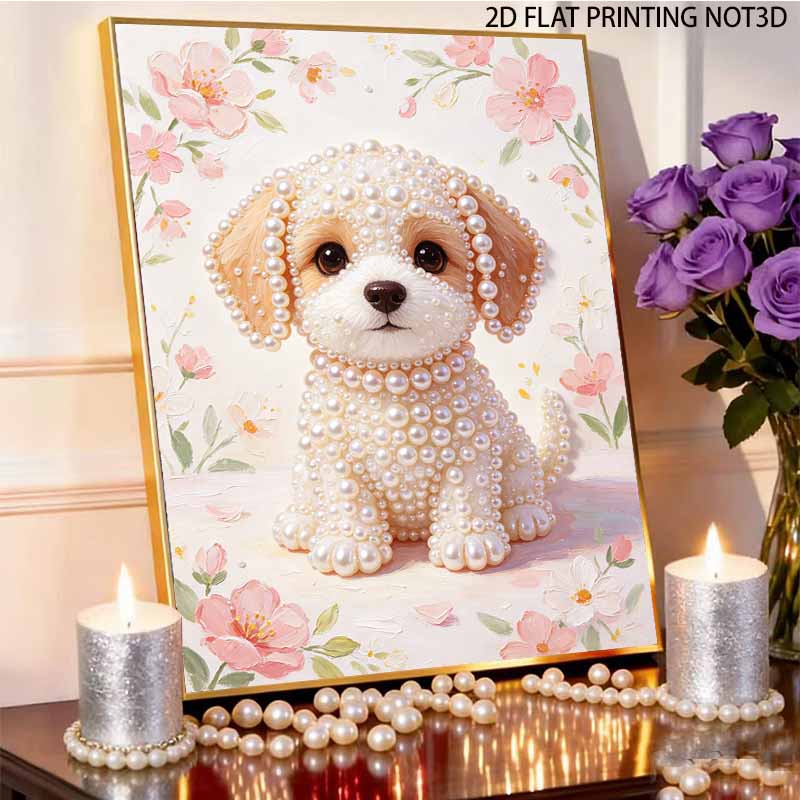 Gerahmtes Perlenmalerei-Set Niedlicher Welpe Blumig DIY 3D Perlen Leinwandkunst Kreatives Freizeit-Basteln Heimdekoration Wandbehang Dekoration Geschenkidee
