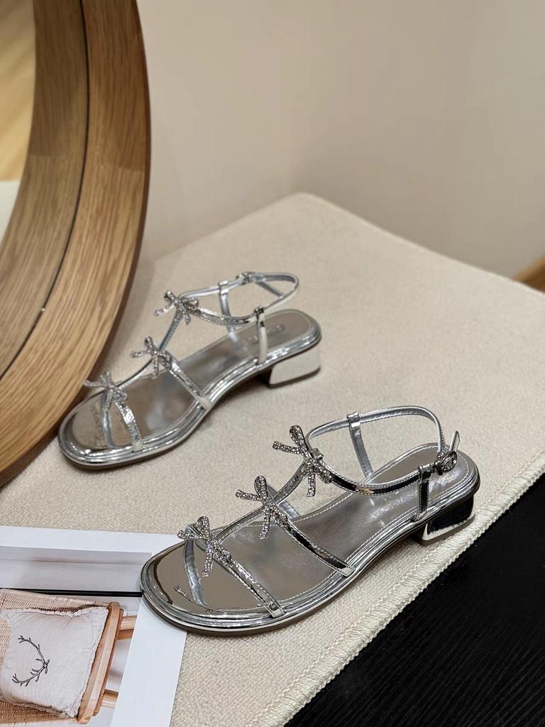 Schmetterlingsschleife Kristall Französische Sandalen mit dicken Sohlen und offenen Zehen für Damen, neuer Stil, elegante Damenschuhe