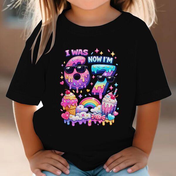 I Was 6 Now Im 7 Birthday Tshirt Girls Boys Casual Short Sleeve TShirt Candy Ice Cream Girls Tee Kids Number 6 7 Cotton Tees