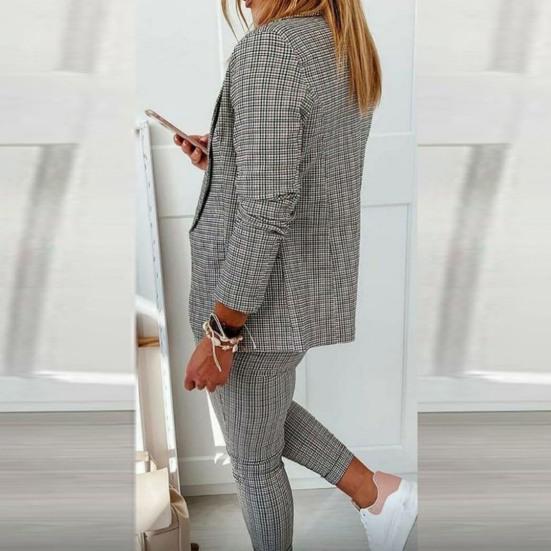 2 Stück/Set Damen Blazer Hosen Set Umlegekragen Cardigan Langarm Elastische Taille Schmale Passform Kordelzug Formell Knöchellang Kariert