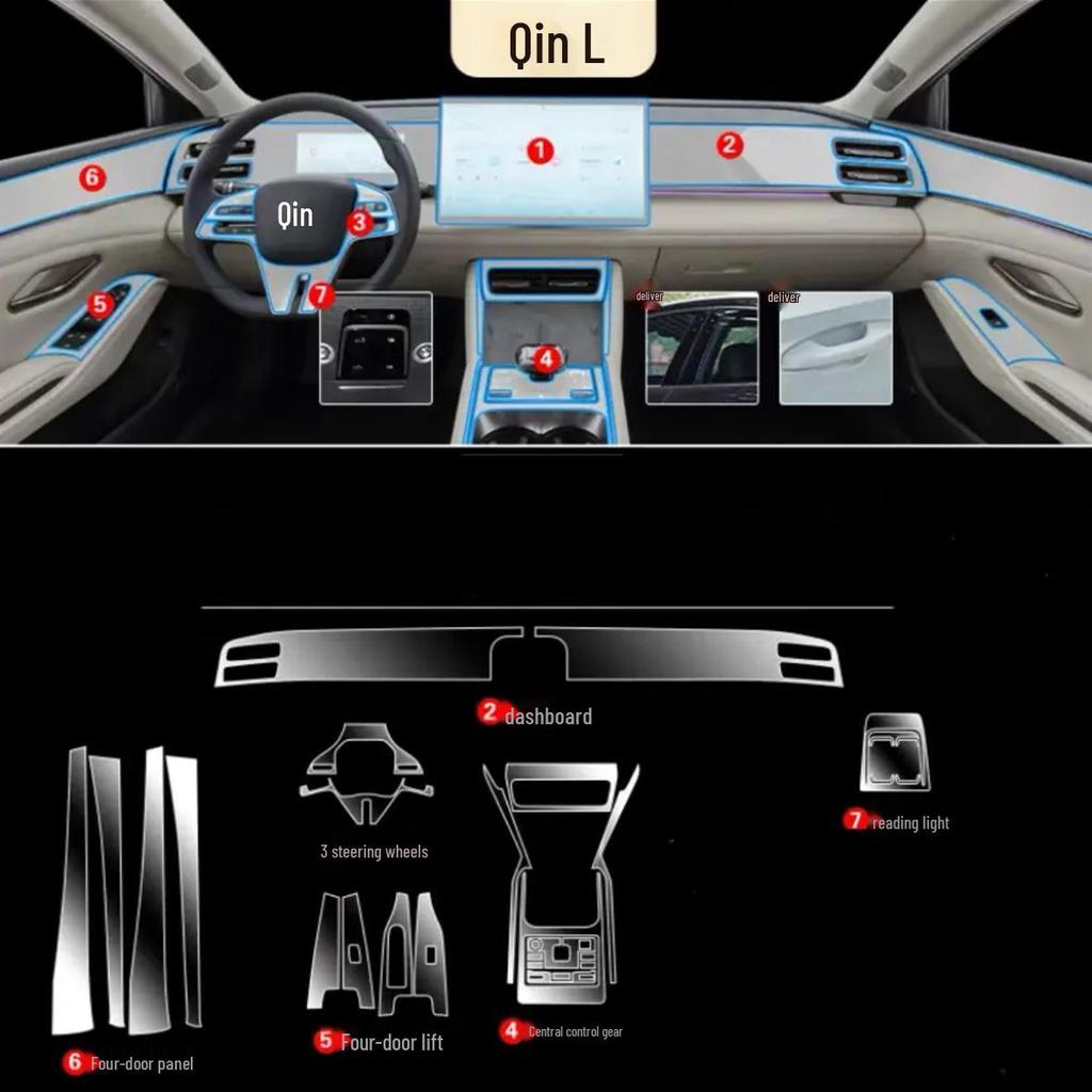 Compatible BYD Qin L Interior Accessories: Navigation Screen, A/C, Gear Shift Films, Center Pillar Sticker, HD TPU for 25 Models