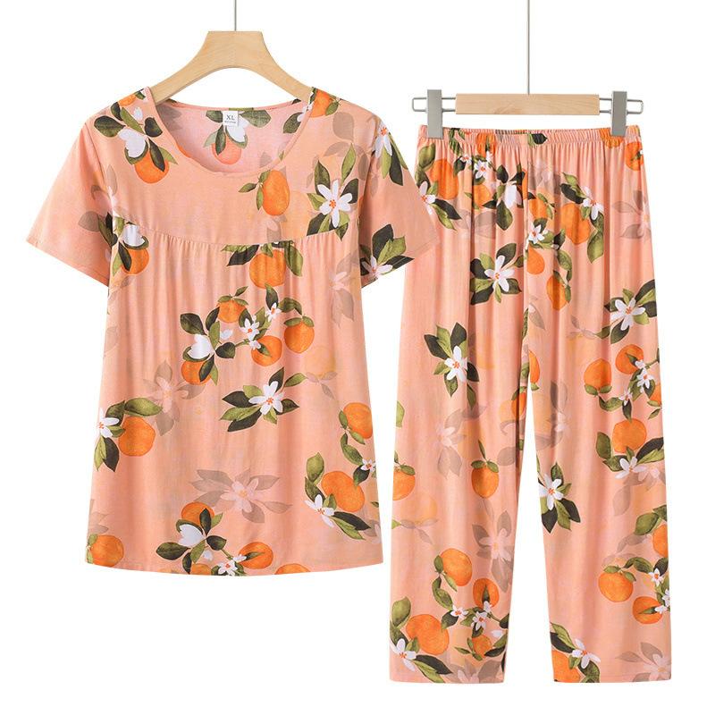 Women Loose Fit Suit Flower Printed Women's Top Pants Set with Retro Style Elastic Waist Breathable Fabric 2 for Grandmother's