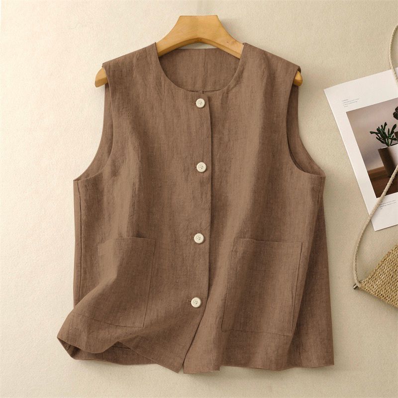 Womens Linen Cotton Sleeveless Vest Casual Button Up Waistcoat With Pockets