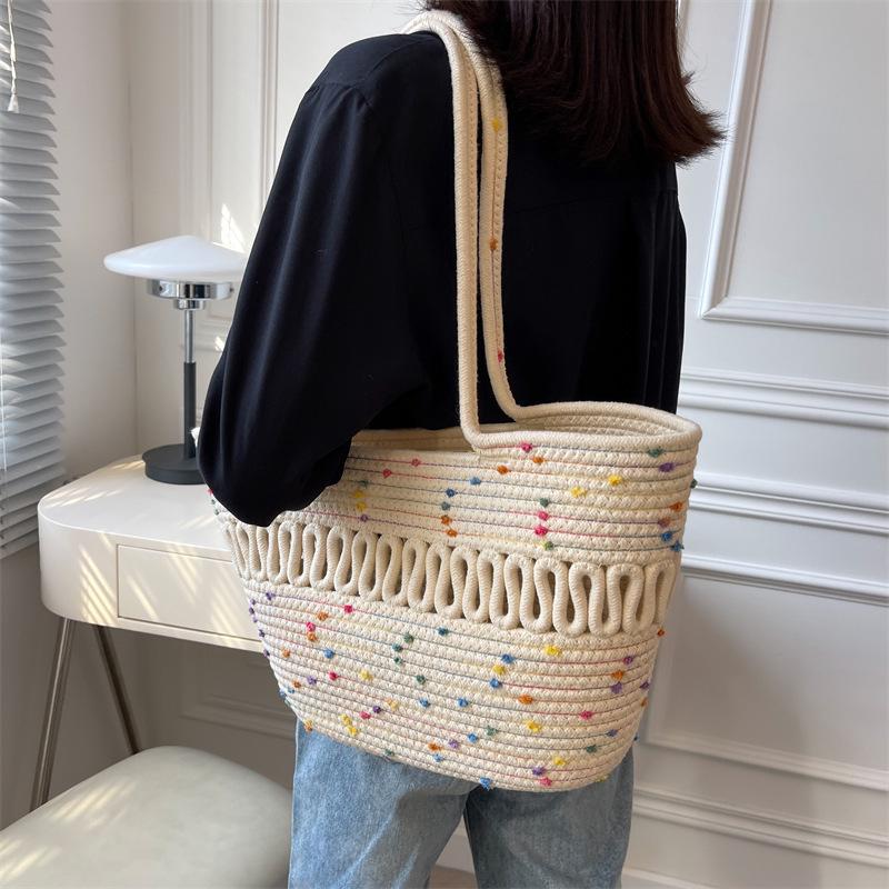Retro Style Women's Color Block Large Cotton Rope Woven Beach Bag