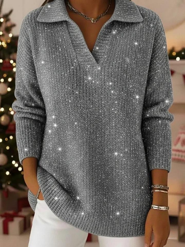 2025 Autumn/Winter Solid Color Lapel Pullover with Silver Thread and Crystal Accents