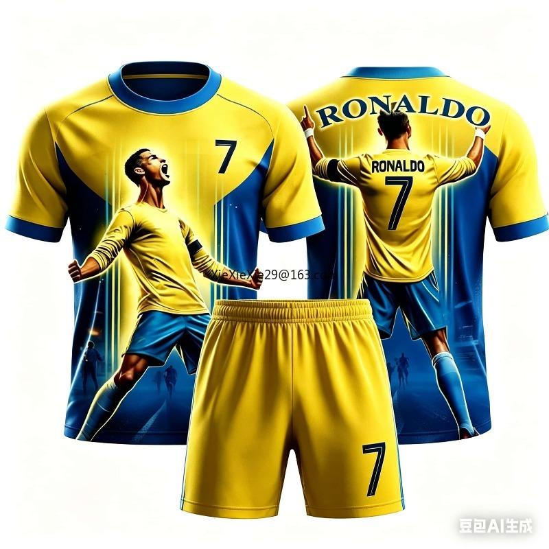 Summer Children's Adult Set Parent Child 3D Short Sleeved Shorts Football Shirt AI #7 Ronaldo Printed Boys' and Girls Sportswear
