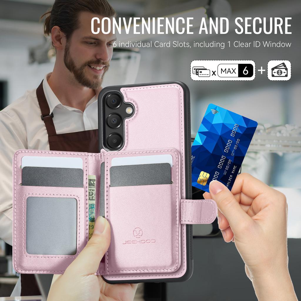 For Samsung Galaxy A25 5G (Global) (161mm) Case JEEHOOD J09 RFID Blocking Card Holder Leather Back Phone Cover Magnetic Case