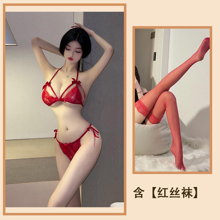 Sexy Underwear Lace Three-point Bra Pajamas Transparent Panties Seduction Pure Lust Sexy Bed Suit