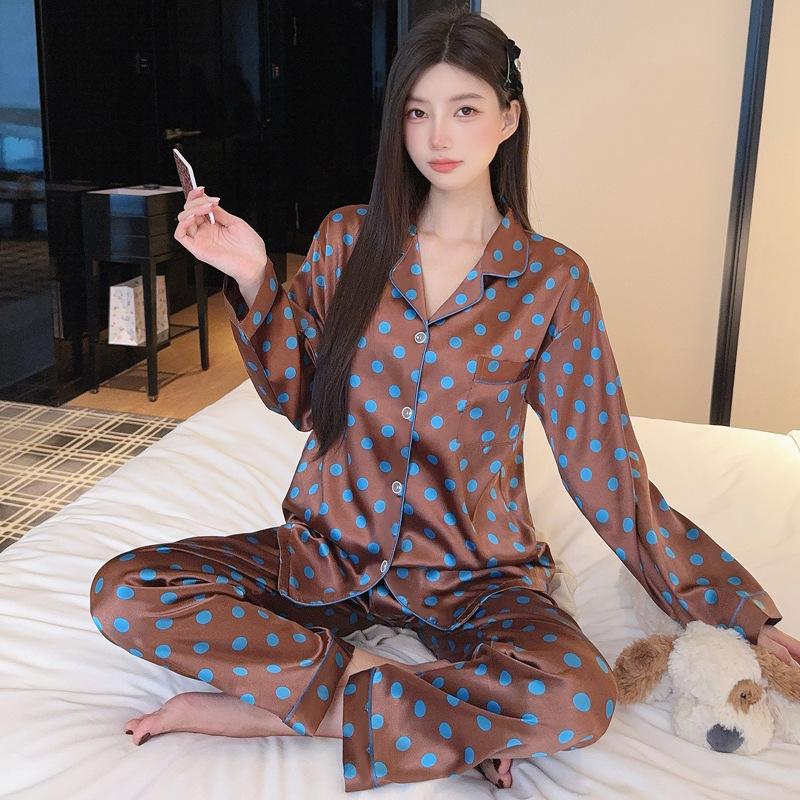 Ice Silk Pajamas Women'S Spring And Summer Thin Long-Sleeved Trousers Fashion Cool Cardigan Loungewear Suit Can Be Worn Outside