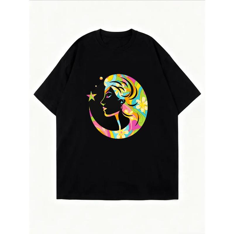 Weißes T-Shirt mit farbiger Frauensilhouette und floralem Design für Freizeitkleidung