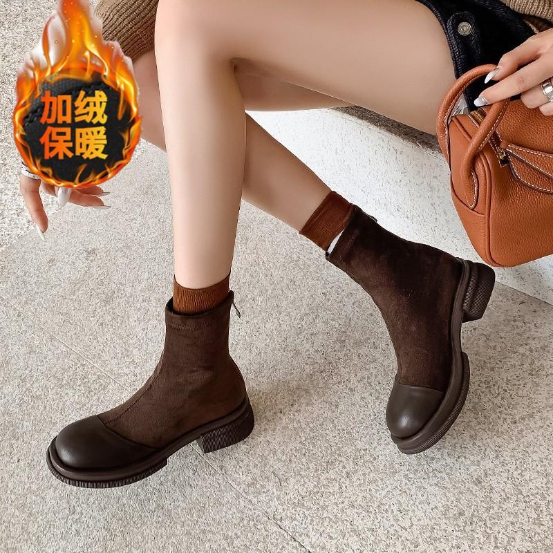 Elastic Sleeve Martin Boots Women's Autumn and Winter New Versatile Slim Short Boots Retro Thick Heel Boots
