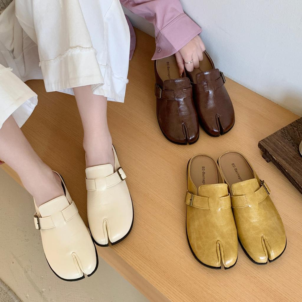 Fashion IPPEUM Flats Shoes For Women Mules PU Leather Split Toe Slippers 2025 New Summer Loafers