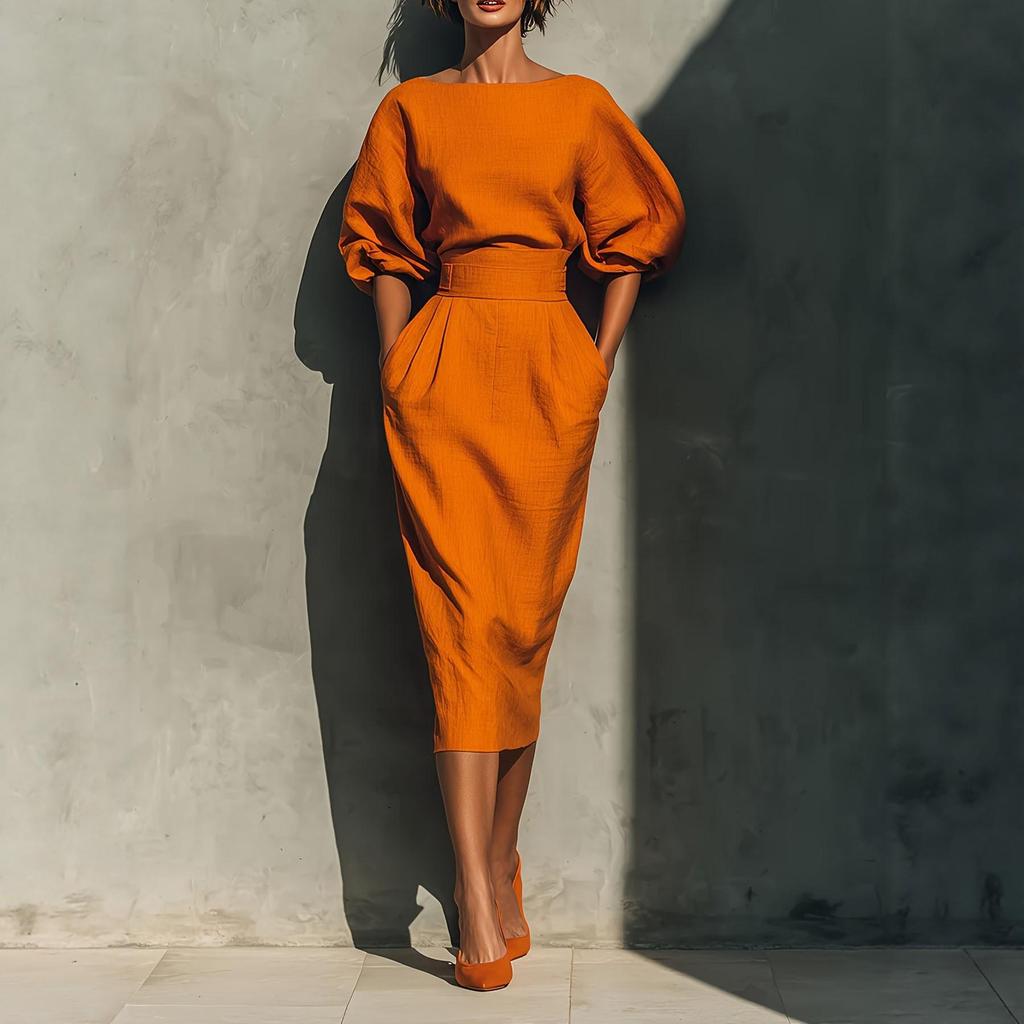 Abito Retro da Donna con Scollo a Barca e Silhouette ad A, Maniche a Sbuffo e Gonna Pieghettata a Vita Alta – Perfetto per l'Eleganza di Primavera e Autunno