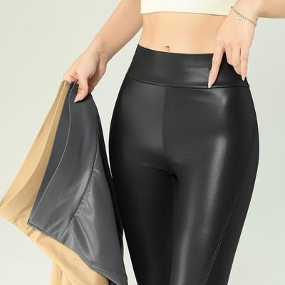 Black Fall Winter High-Grade Fleece PU Leather Leggings Women High Waist Hip Lift Tight Sexy Faux Leather Warm Leggings