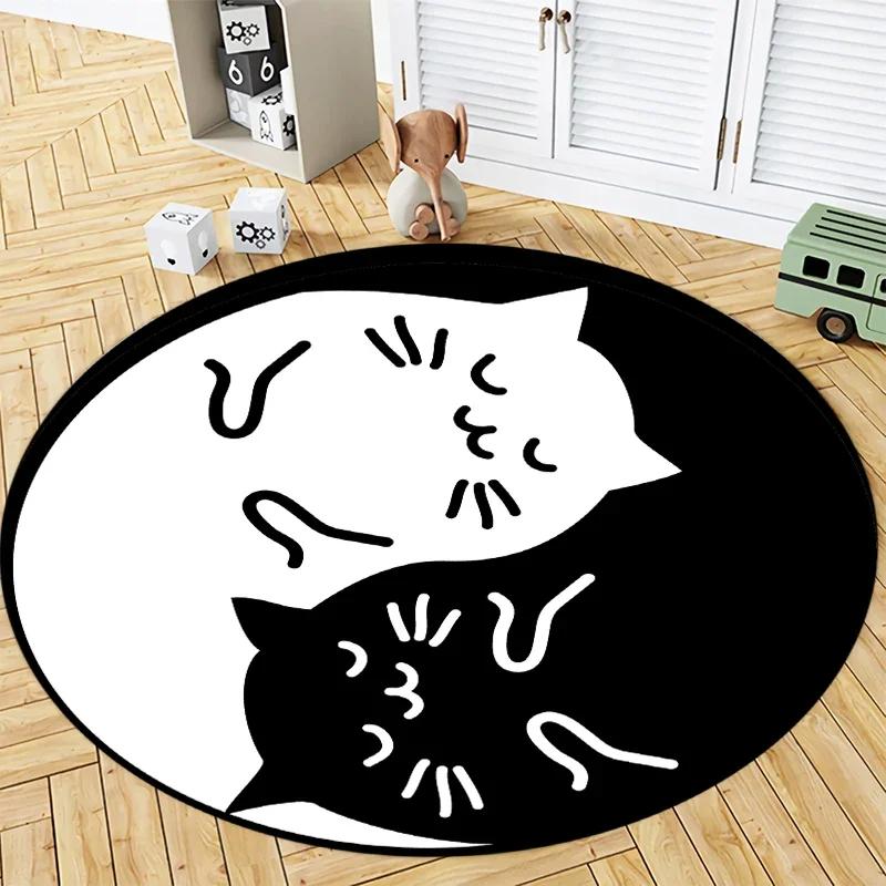 Black Cat and White Cat Couple Round Rug Cute Cartoon Kitten Circle Carpet Home Armchair Floor Mat Living Room Bedroom Decor Mat