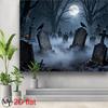2D flat banners In the cemetery at night numerous tombstones stand in rows and there is a full moon in the sky.PMJ