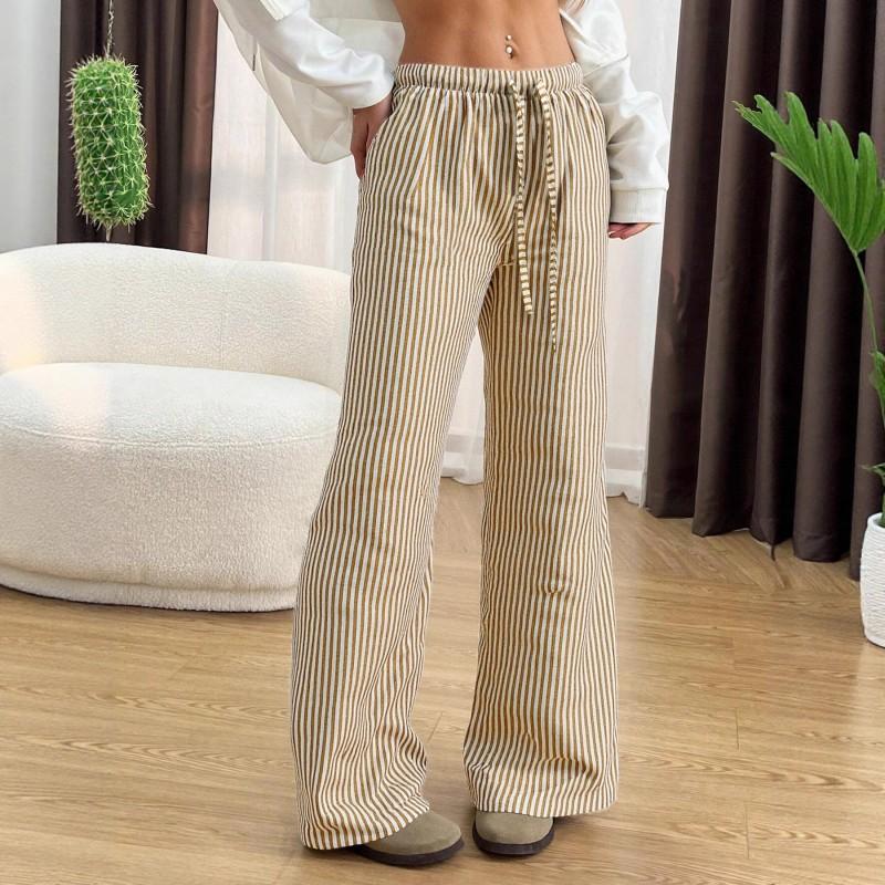 Womens Striped Wide Leg Pants With Drawstring Waist Elastic High-Waist Loose Fit Casual Trousers 2025