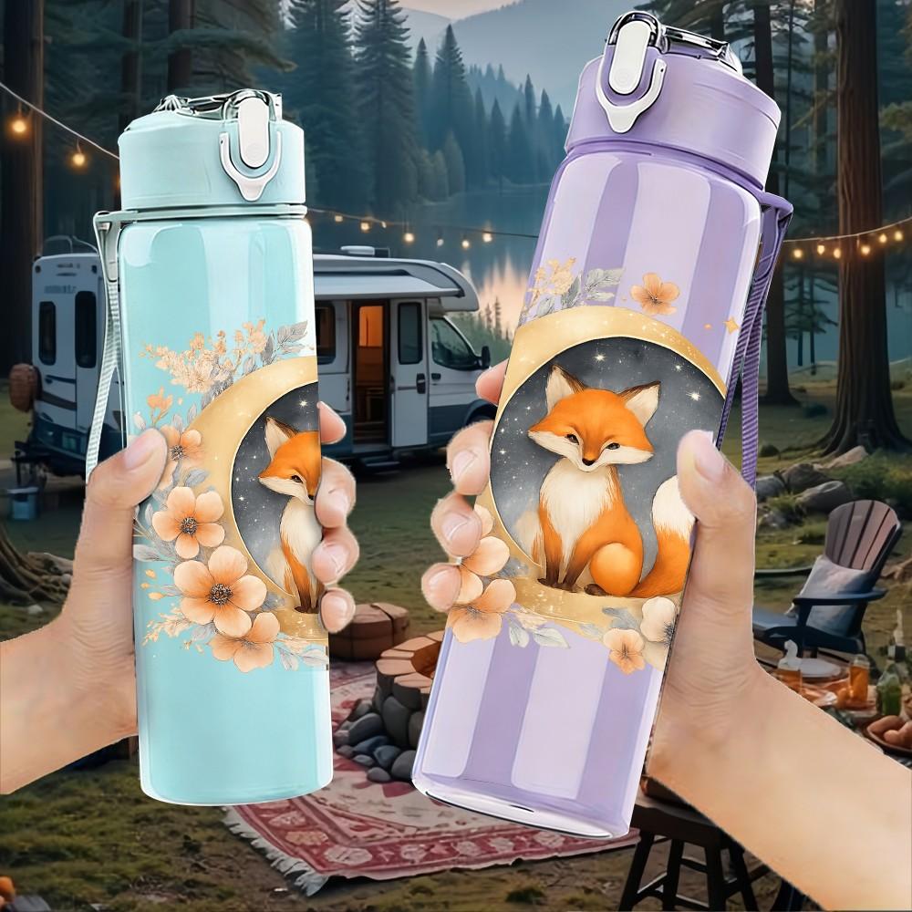 1PC Moon Wreath Fox Cartoon 750ml Color Plastic Sports Water Bottle Leakproof Flip Straw Lid Suitable for Sports Office Home Use