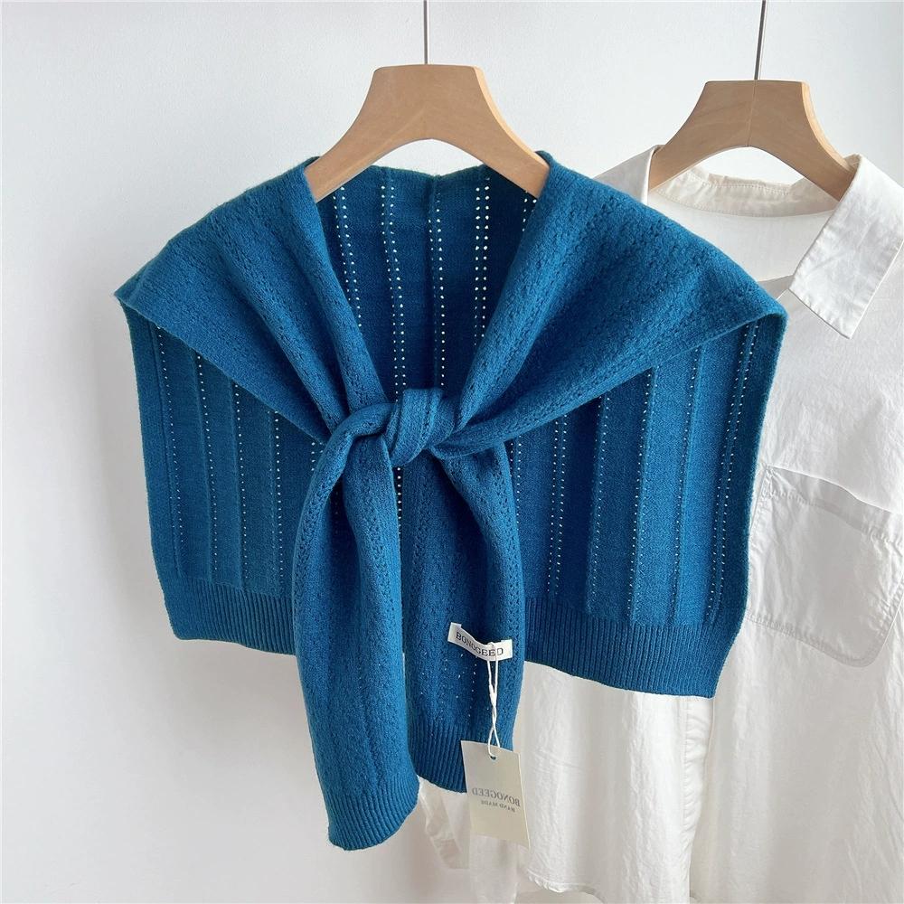 Korean Plain Basic Hollow Out Knitted Warm Shawl Winter Female Blouse Shoulders Fake Collar Cape Knotted Scarf Stripe Outerwear