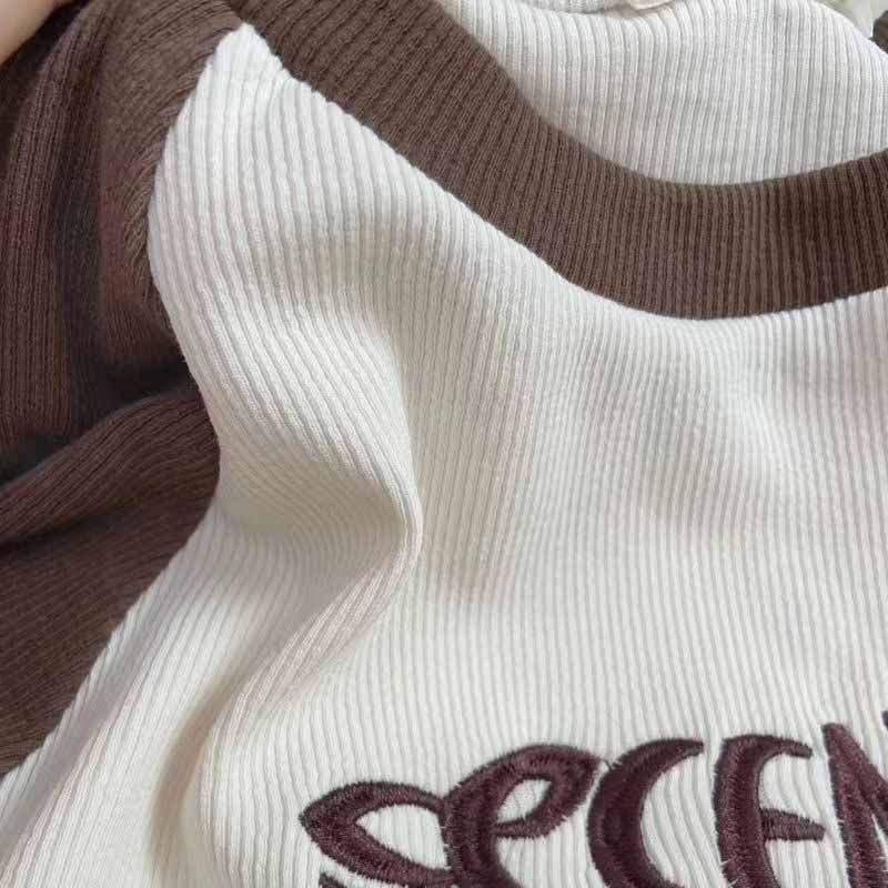 Letter Print T-Shirt Women Spring Long Sleeve Patchwork Tops Retro Contrast Color Crop Top Hot Girl Skinny Y2K