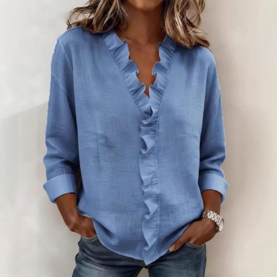 Spring Women's Wood Ear Trim Long Sleeve Cotton Shirt