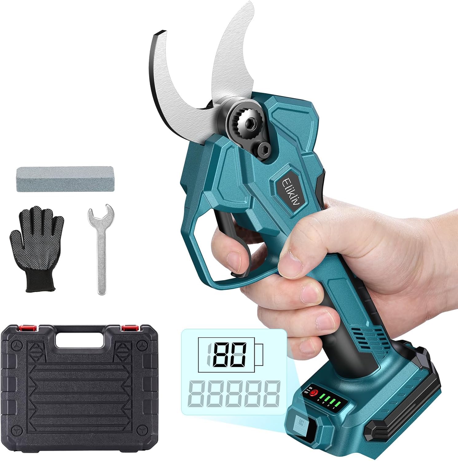 

Elikliv Rechargeable Electric Pruning Brushless 40mm Cutting Compatible with Pruner Extension 4 Adjustable Opening Angle 18V for Garden Trees and