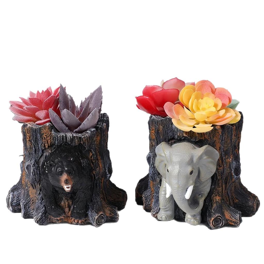 Pot de fleurs créatif en résine éléphant et ours sur souche d'arbre pour balcon