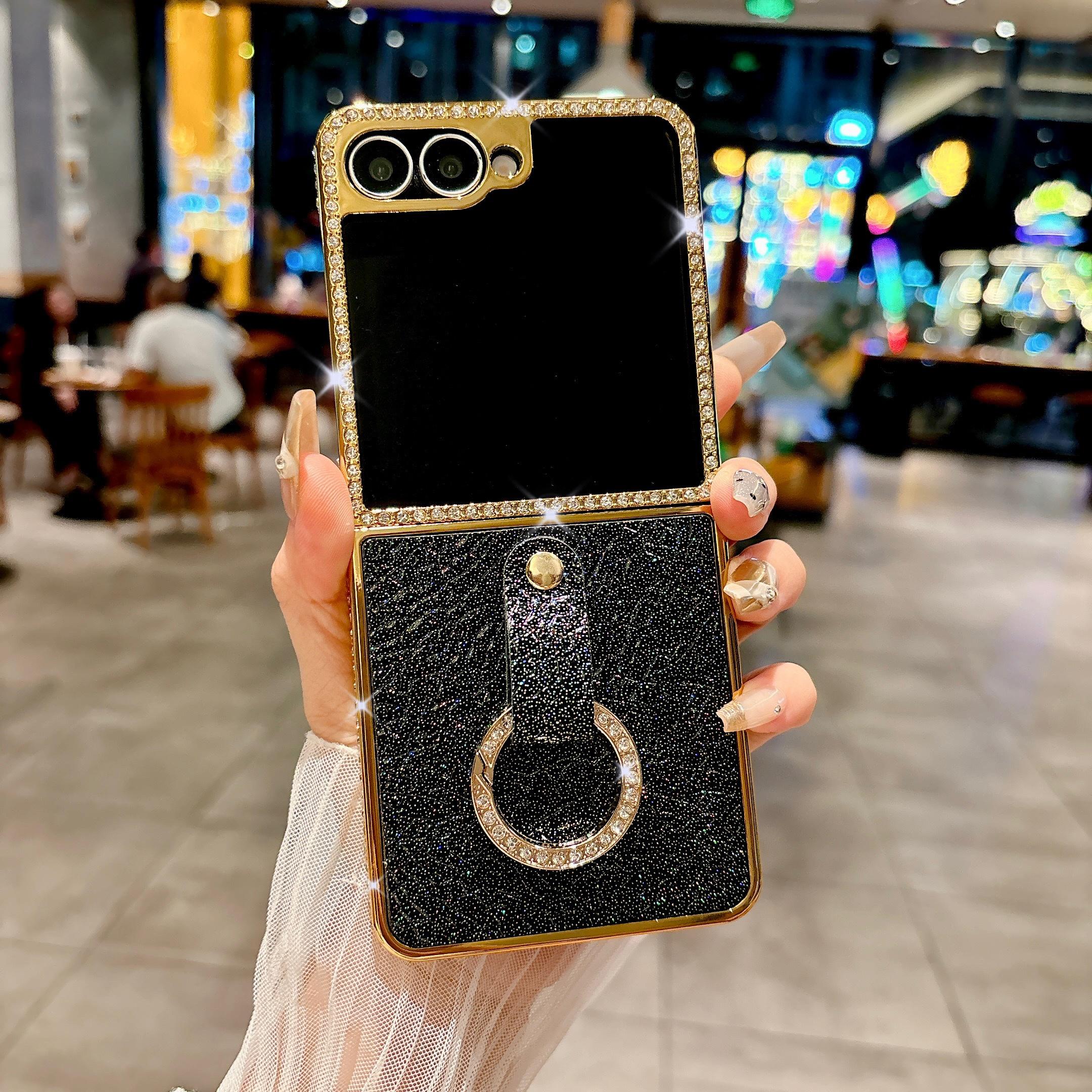 

Shiny Diamond Ring ZFlip 7 PU Leather Phone Case For Samsung Galaxy Z Flip7 FE Flip 6 5 4 3 Flip5 Electroplated Shockproof Cover Galaxy Z Flip7 FE
