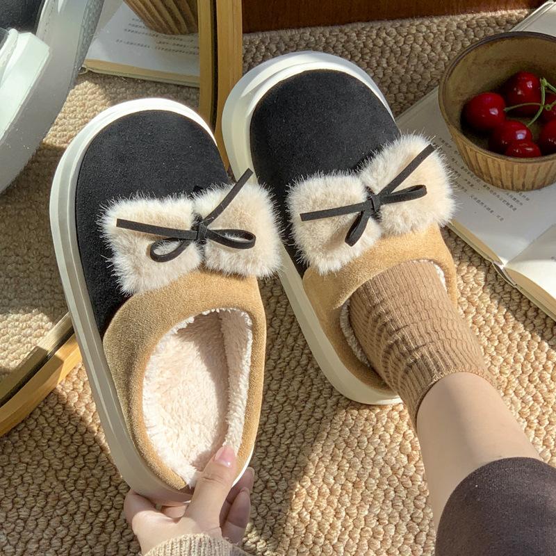 Bow Cotton Slippers Autumn and Winter Indoor Home 2025 New Velvet Warm Thick Bottom Non-slip Cotton Mop