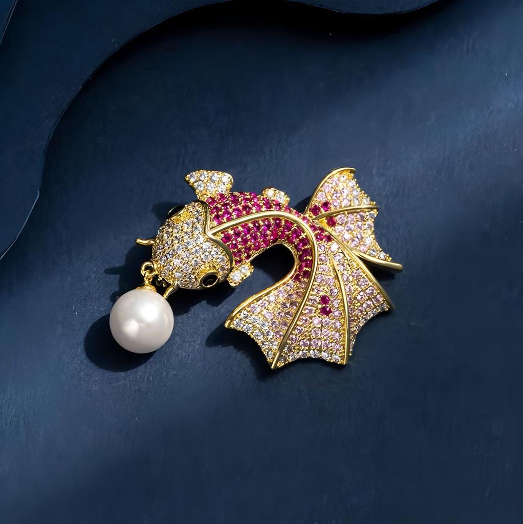 Full-diamond Three-dimensional Goldfish Brooch, High-end Feminine Charm, Pearl Koi, Light Luxury, Niche Design Sense Brooch