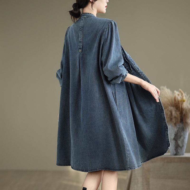 2024 Autumn New plus Size Loose Slimming V-Neckline Single-Breasted Mid-Length Casual Denim Trench Coat Women