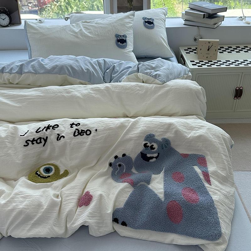 Super Soft Washed Cotton Towel Embroidered Cartoon Bedding FourPiece Set, Bed Sheet Quilt Cover, Student Dormitory ThreePiece Set