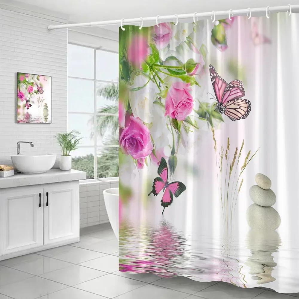 Pink Flowers Shower Curtains Butterfly Rose Zen Grey Stone Nature Scenery Polyester Fabric Bathroom Curtain Decor Set with Hooks