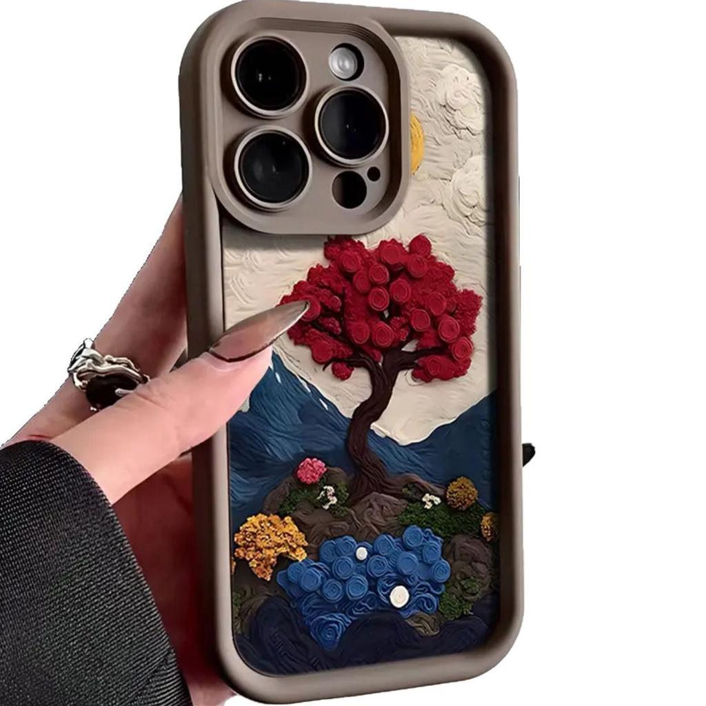 Oil Painting Mountains and Rivers Flowers iPhone17Promax Mobile Phone Case Ladder for Apple 16promax All-inclusive Tianyan