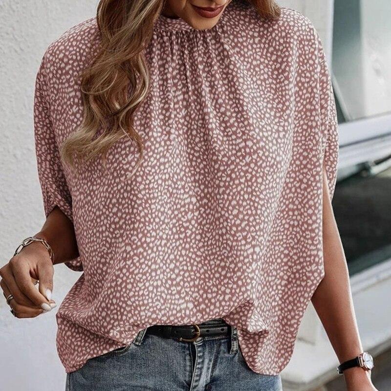 Koszule damskie 2023 Lato Casual Jednolity kolor i nadruk Bluzka Moda Podzielone Krótkie rękawy Bluzki Okrągły kołnierz Ubrania 26305