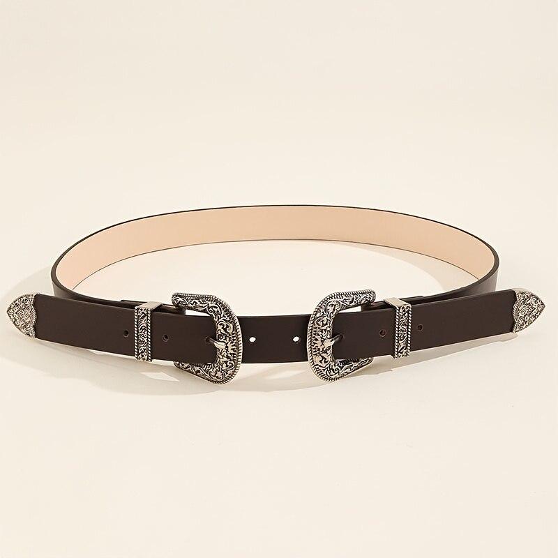

Женский ремень, винтажная резная пряжка, мужской ремень, модный ремень с двойной пряжкой, хип-хоп, рок-стиль, ремень Y2K из искусственной кожи для мужчин и женщин 105cm