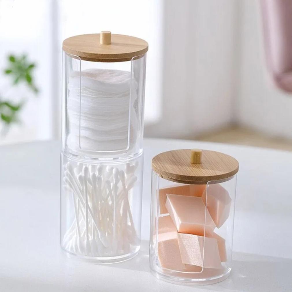 Acrylic Storage Box Bathroom Jar Makeup Organizer Cotton Round Pad Holder Cotton Holder Dispenser with Bamboo Lid Clear Plastic