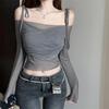 Women's Sheer Mesh Long Sleeve T-Shirt Summer UV Protection Tie-Front Off-Shoulder Cropped Top Lightweight Bodycon Casual Shirt for Beach & Daily Wea