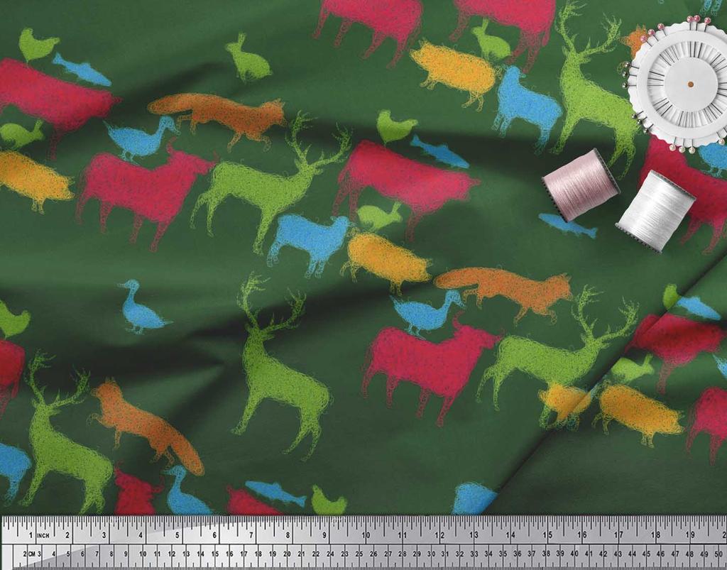 Soimoi Japan Crepe Satin Fabric Birds & Animals Hand Drawn Print Fabric by Metre 42 Inch