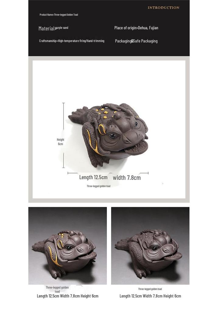 Handmade Purple Clay Three-Legged Golden Toad Tea Pet Ornament for Tea Table or Office.