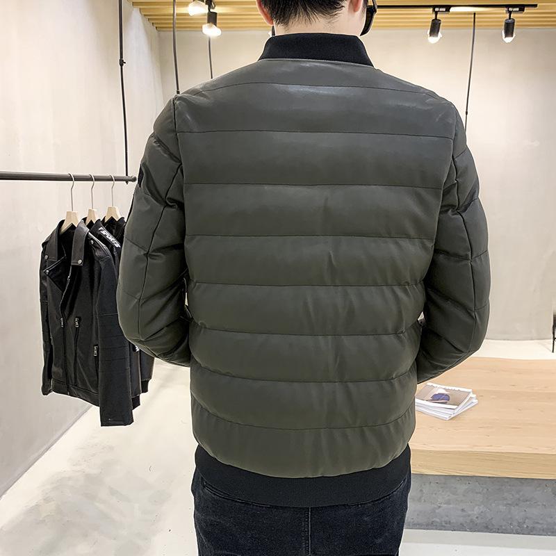 Men's cotton jacket, trendy winter wear, thickened stand-collar short PU leather cotton jacket, stylish casual leather jacket for men