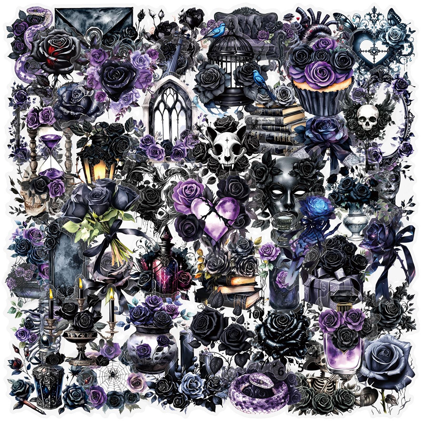 

50 Pcs Black Rose Sticker Cup Phone PET Material Sticker One Size