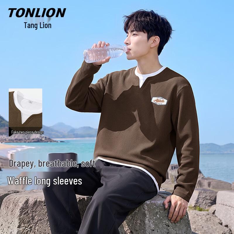 TonLion Men's Silicone Print Waffle Long Sleeve T-Shirt